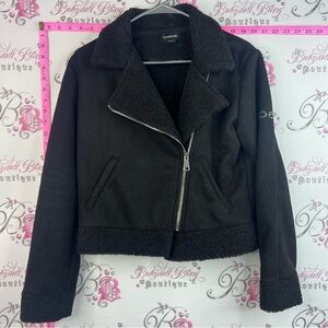 bebe jacket coat zip up bling arm Black Faux-Shearling Trim Moto Jacket